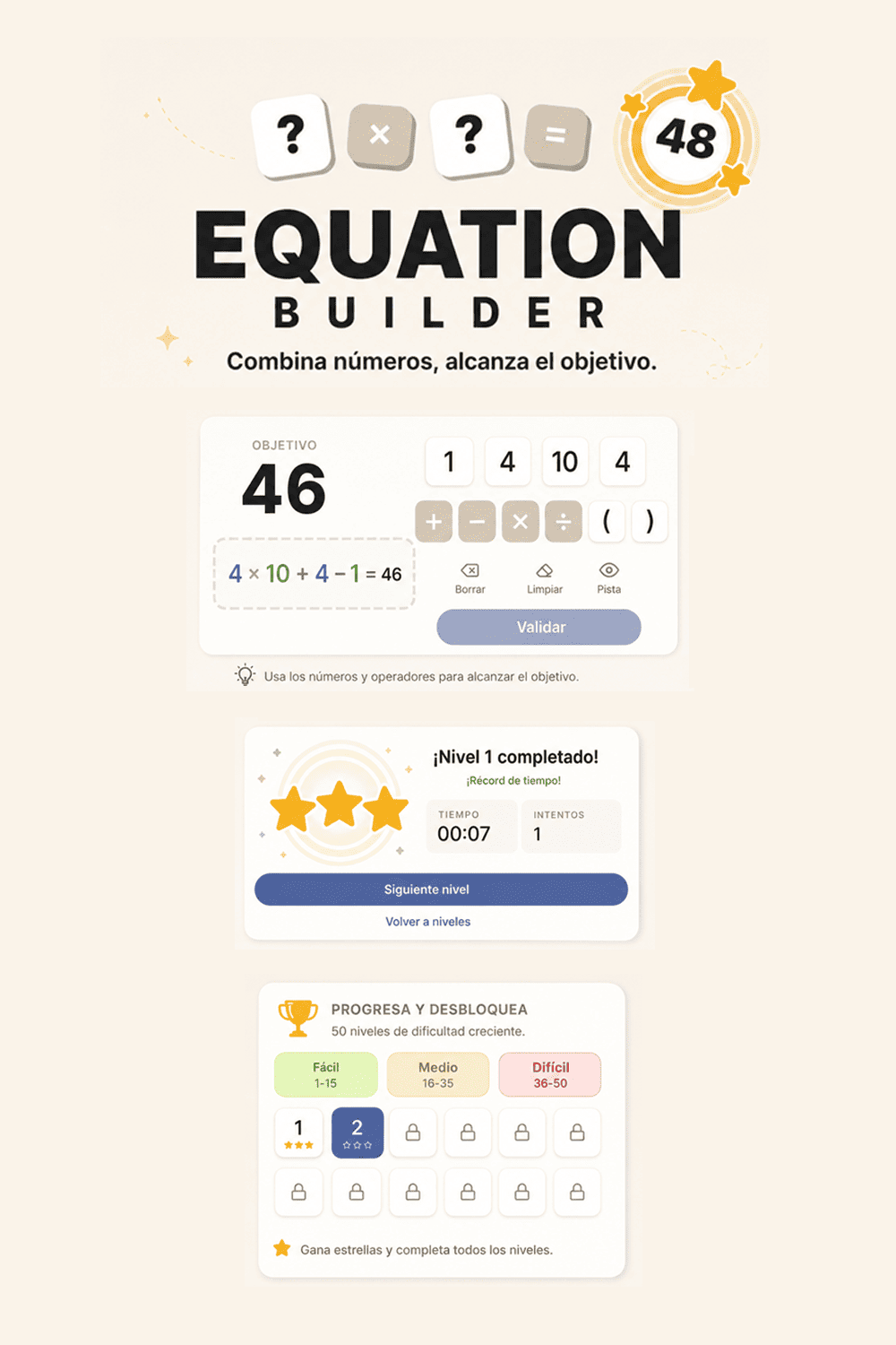 Equation Builder — combina números, alcanza el objetivo