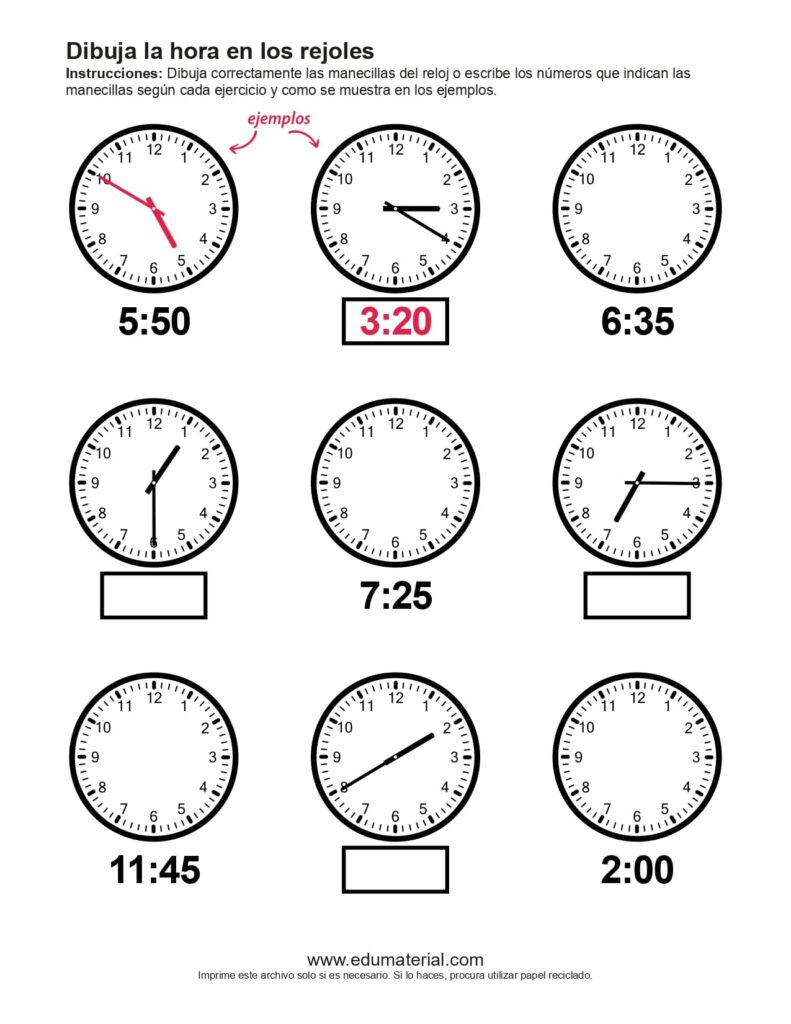 Dibuja La Hora En El Reloj (Set 2) - Hoja 1